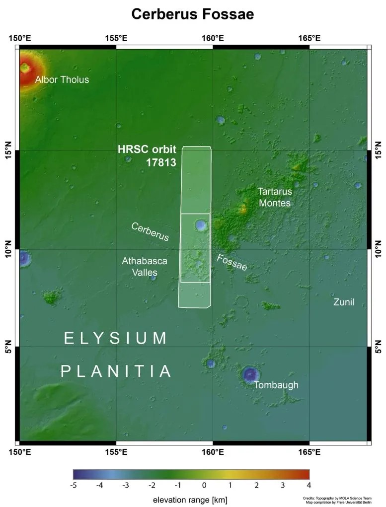 Marte mostra segni di vita geologica 1 Cerberus Fossae nel contesto dei suoi dintorni nella regione Elysium Planitia di Marte vicino all'equatore. Credito: NASA MGS MOLA Science Team