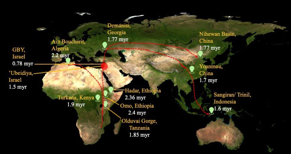 La prima prova dell'uso del fuoco per cucinare 2 Posizione del sito archeologico di Gesher Benot Ya'aqov (GBY) sulla rotta di Home erectus fuori dall'Africa. Credito: Università di Tel Aviv