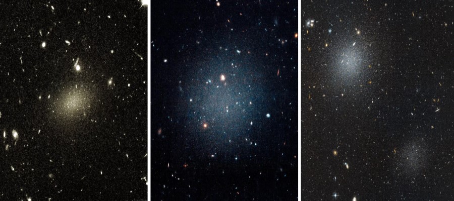 L'eterno mistero della galassia Dragonfly 44 1 Negli ultimi anni sono state identificate più di 1.000 galassie ultra-diffuse, tra cui (da sinistra) Dragonfly 44, NGC 1052-DF2 e una coppia ravvicinata denominata NGC 1052-DF4 e NGC 1052-DF5.