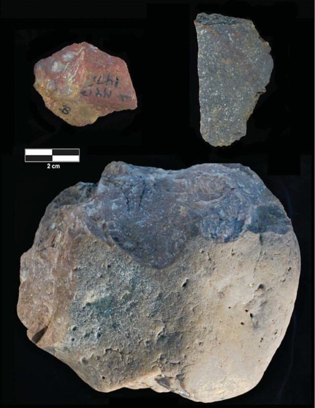 Trovati strumenti di pietra Oldowan risalenti a 3 milioni di anni fa 1 Tre delle scaglie e dei nuclei di pietra trovati in Kenya. (Plummer et al., Scienza , 2023)