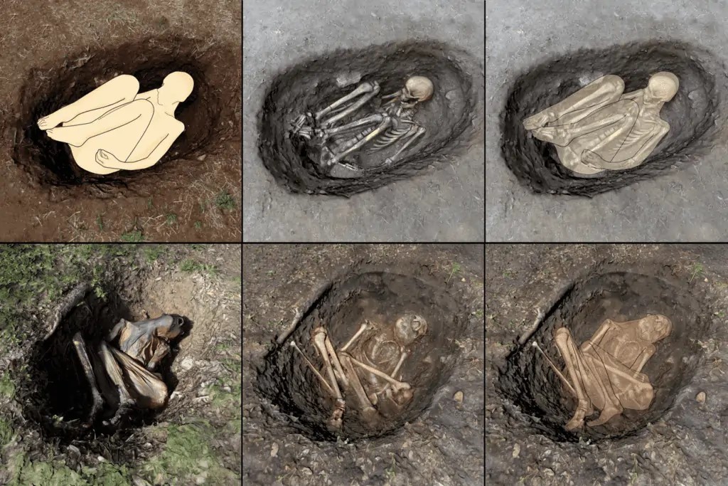 Scheletri ritrovati in Portogallo potrebbero essere la più antica prova di mummificazione 1 Un'illustrazione che confronta la sepoltura di un cadavere fresco e di un corpo essiccato che ha subito una mummificazione guidata. Crediti: Uppsala University e Linnaeus University in Svezia e Università di Lisbona in Portogallo.