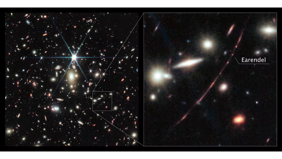 Earendel: la stella più lontana rilevata nell'Universo 1 Un enorme ammasso di galassie (a sinistra) ingrandisce la luce della stella conosciuta più lontana dell'universo (a destra). (Crediti immagine: NASA, ESA, CSA, D. Coe (STScI/AURA per ESA; Johns Hopkins University), B. Welch (Goddard Space Flight Center della NASA; Università del Maryland, College Park). Elaborazione immagini: Z. Levay. )