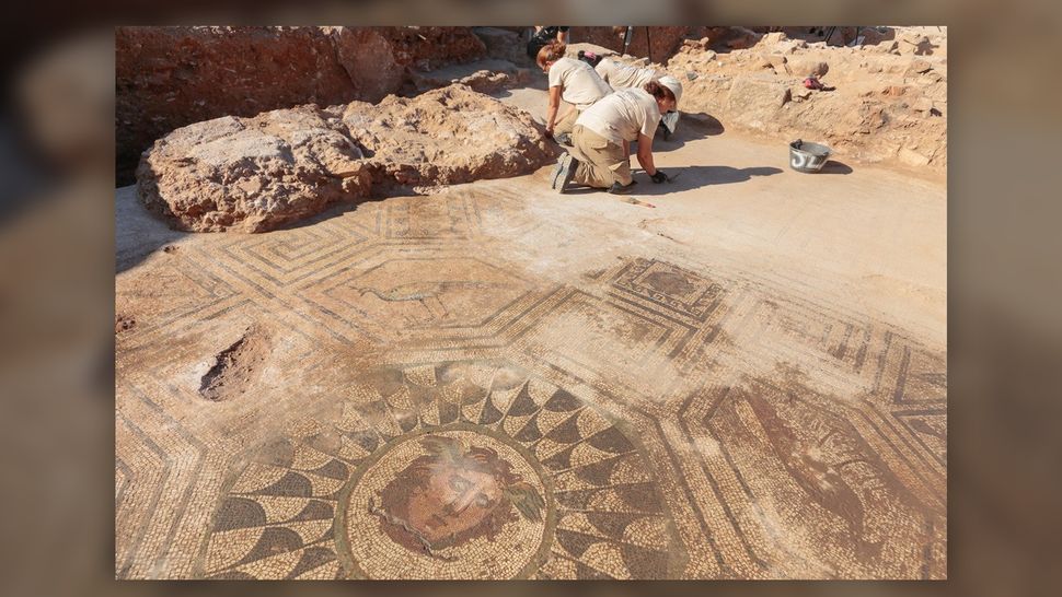 Mosaico raffigurante Medusa rinvenuto in Spagna 2 La sezione Medusa del mosaico è circondata da raffigurazioni di maschere, motivi geometrici e animali selvatici.(Credito immagine: municipio di Mérida)