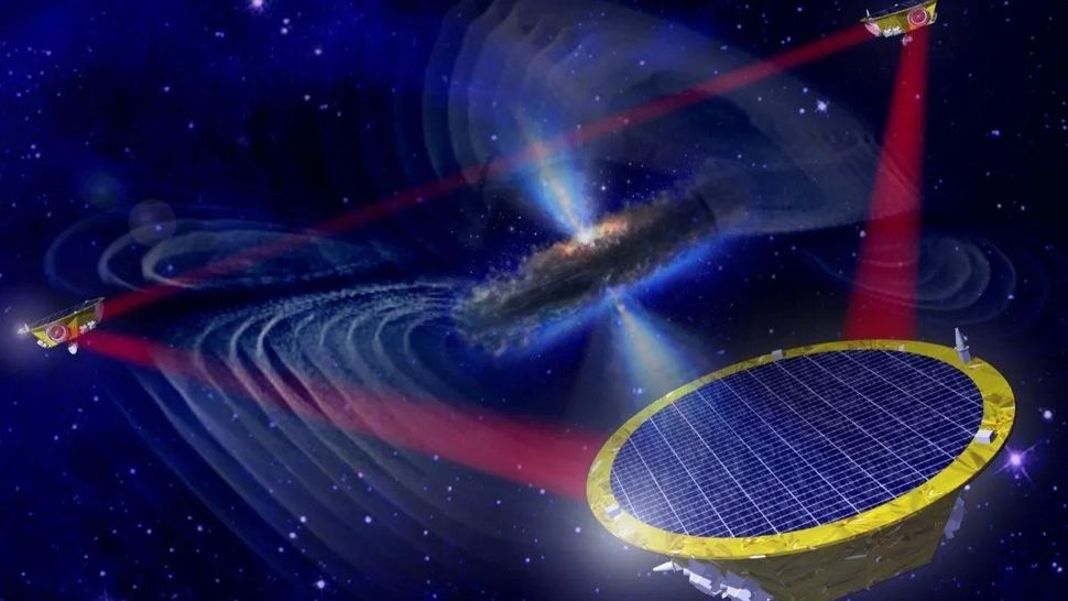 Materia oscura, presto saremo in grado di rilevarla 3 Rappresentazione artistica del rilevatore di onde gravitazionali LISA basato nello spazio, la cui costruzione è stata appena approvata dall'Agenzia spaziale europea.(Credito immagine: EADS ASTRUM)