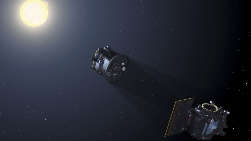 La missione Proba-3 creerà mini eclissi nello spazio 1 Quando sarà in orbita attorno alla Terra, Occulter si posizionerà tra Coronagraph e il Sole per creare mini eclissi artificiali.(Credito immagine: Agenzia spaziale europea)