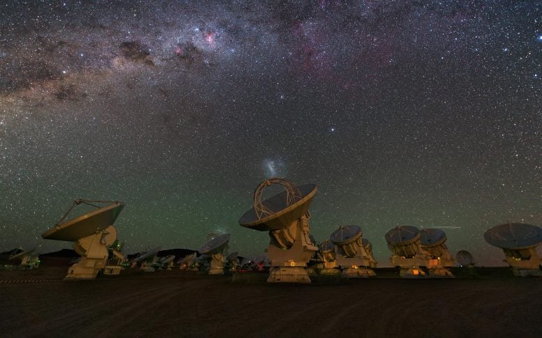 I quasar sopprimono la formazione stellare, la nuova scoperta di ALMA 2 Un gruppo di antenne ALMA da 12 metri che osservano il cielo notturno. Le osservazioni in questo studio sono state effettuate utilizzando antenne da 12 m. Credito: ESO/Y. Beletskij