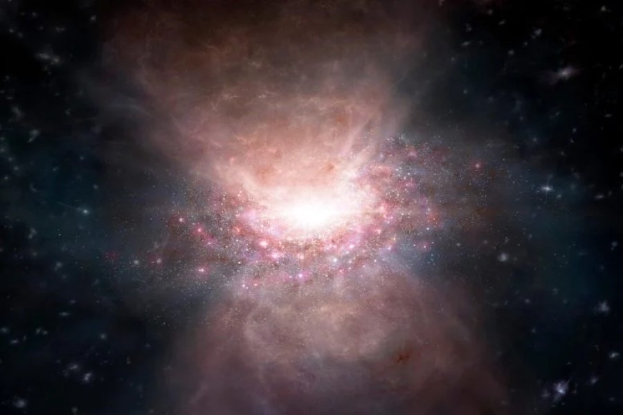 I quasar sopprimono la formazione stellare, la nuova scoperta di ALMA 1 Rappresentazione artistica di un deflusso di gas molecolare dal quasar J2054-0005. Credito: ALMA (ESO/NAOJ/NRAO)