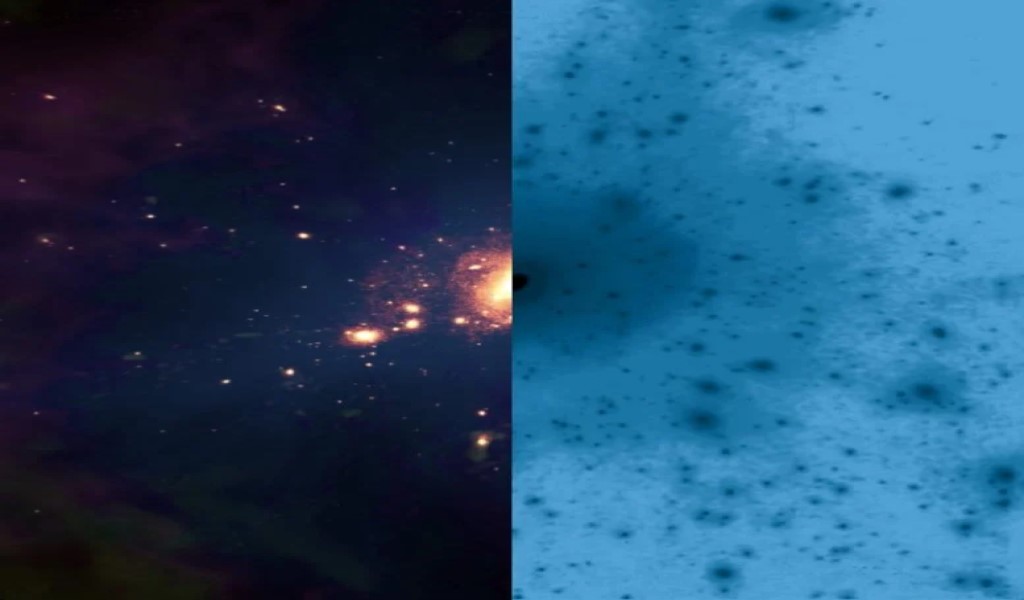Materia oscura: regista occulto dell'evoluzione galattica 1 Immagine di una galassia che mostra, a sinistra, la sua componente stellare, e a destra (in negativo), la materia oscura presente nel suo alone. Crediti: Gabriel Pérez Díaz, SMM (IAC) / Il team EAGLE