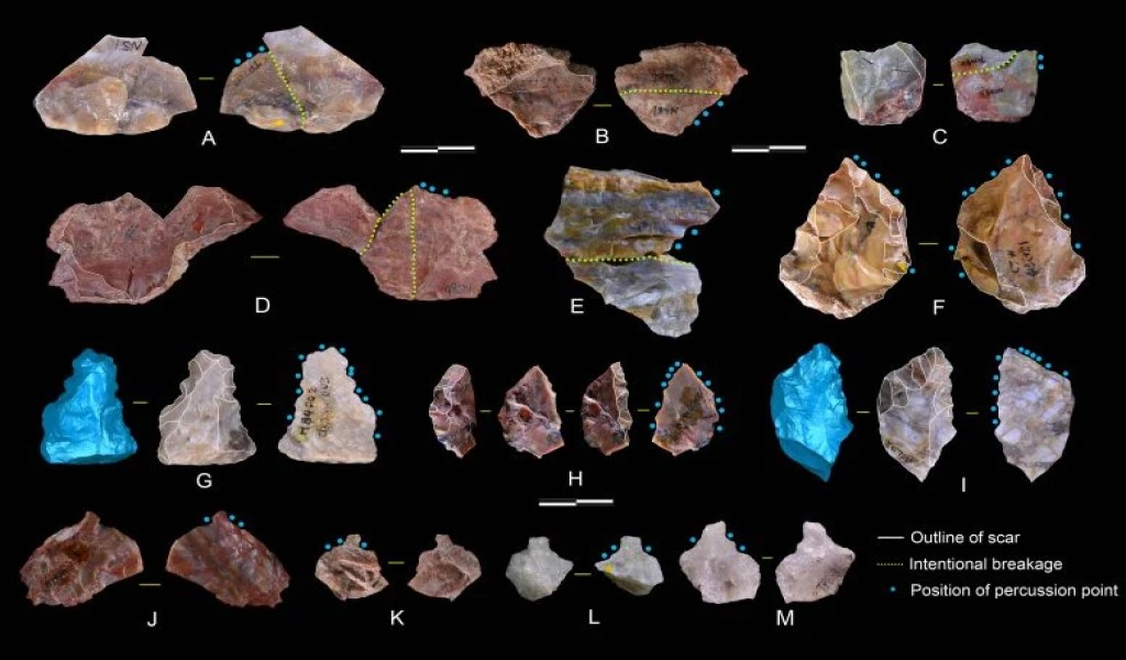 Sofisticati utensili di 1 milione di anni scoperti in Cina 1 (AE) Le scaglie sottili sono state intenzionalmente rotte e utilizzate come grezzi per il ritocco degli strumenti con punta. (GI) Punti ritoccati unifaccialmente. (JM) Alesatrici. Credito: IVPP