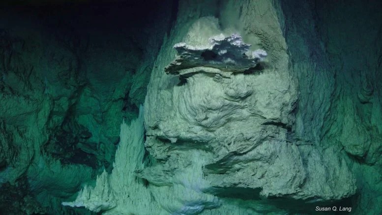 Il ruolo primordiale dell'idrogeno sull'origine della vita 2 Immagine della formazione Sulis nel campo idrotermale della Città Perduta, una bocca idrotermale alcalina che produce idrogeno. Credito: per gentile concessione di Susan Lang, U. of South Carolina /NSF/ROV Jason 2018 © Woods Hole Oceanographic Institution