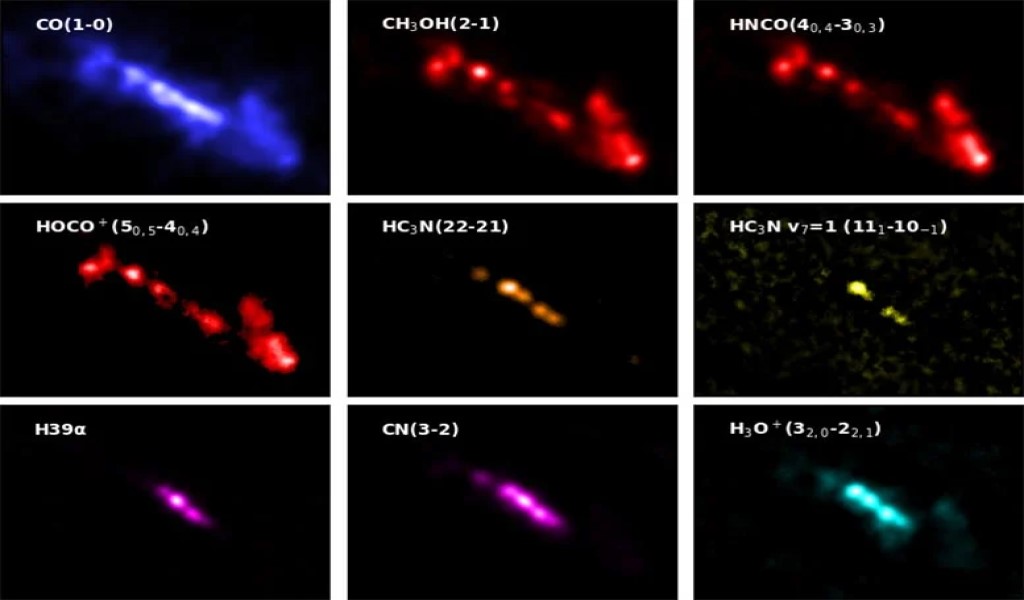 Galassia NGC 253 Starbust: ALMA scopre oltre 100 molecole 2 I diversi colori rappresentano la distribuzione del gas molecolare (blu), regioni sotto shock (rosso), regioni ad alta densità (arancione), starburst giovani (giallo), starburst sviluppati (magenta) e gas molecolare influenzato dalla ionizzazione dei raggi cosmici ( ciano). Crediti: ALMA (ESO/NAOJ/NRAO), N. Harada et al.