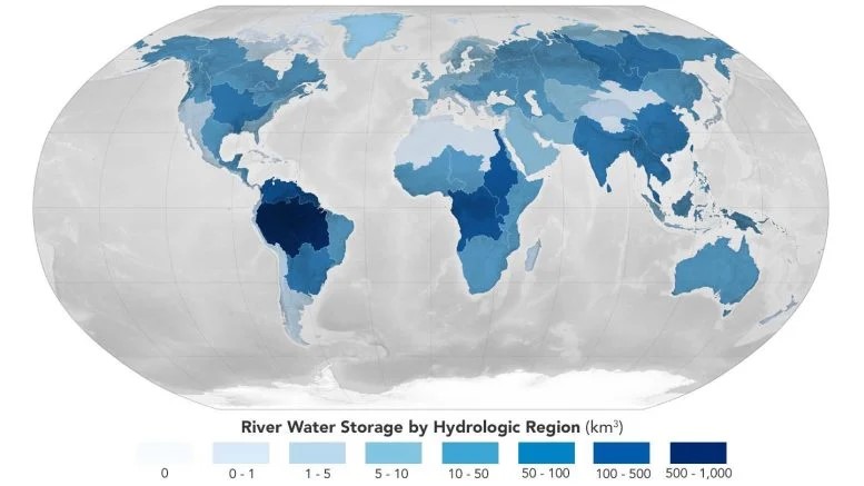 Fiumi: la NASA svela il volume e il flusso con dati rivoluzionari 1 Uno studio condotto dalla NASA ha combinato misurazioni dei flussimetri con modelli computerizzati di 3 milioni di segmenti fluviali per creare un quadro globale di quanta acqua trattengono i fiumi della Terra. Si stima che il bacino amazzonico contenga circa il 38% dell'acqua fluviale mondiale, la maggior parte di qualsiasi regione idrologica valutata. Credito: NASA