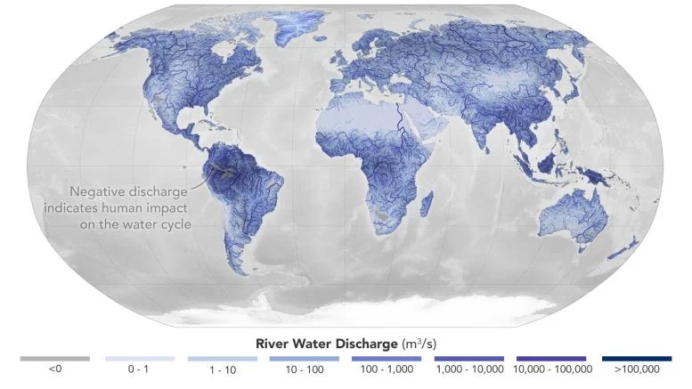 Fiumi: la NASA svela il volume e il flusso con dati rivoluzionari 3 Lo studio condotto dalla NASA ha stimato il flusso attraverso 3 milioni di segmenti fluviali, identificando luoghi in tutto il mondo contrassegnati da un intenso utilizzo di acqua da parte dell’uomo, comprese parti dei bacini fluviali del Colorado, dell’Amazzonia, dell’Orange e del Murray-Darling, mostrati qui in grigio. Credito: NASA