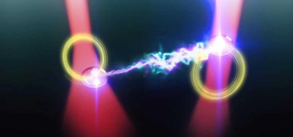 Osservata una nuova dinamica non reciproca 1 Illustrazione scientifica dell'esperimento in cui due particelle in due fasci laser sono accoppiate in una dinamica non reciproca tramite luce diffusa tra loro
