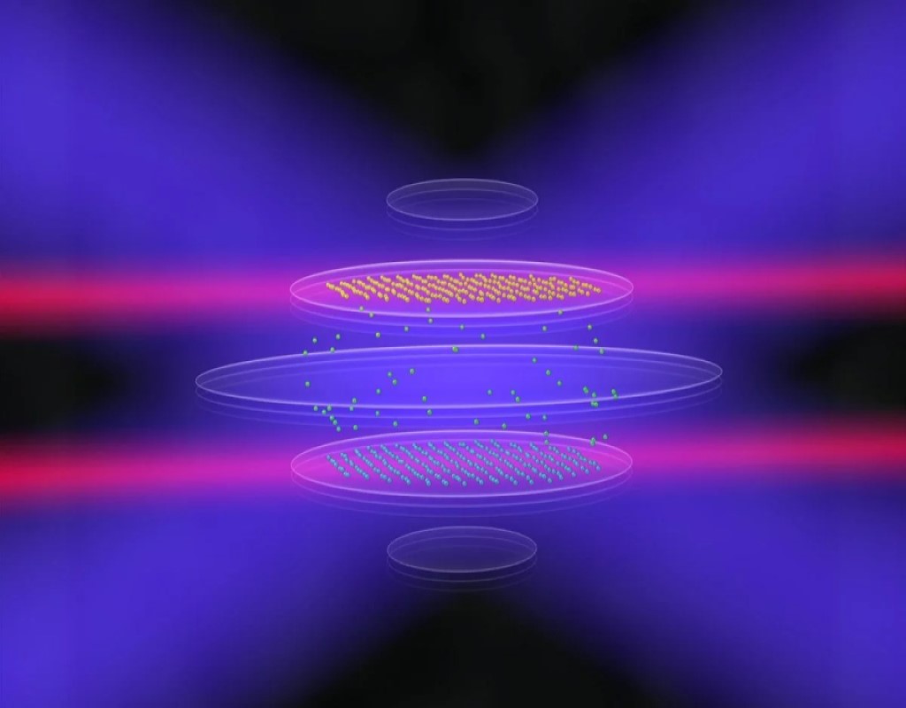 Cristalli ionici 3D per computer quantistici più potenti 1 I cristalli bilayer di ioni intrappolati possono essere realizzati in dispositivi chiamati trappole di Penning, e i laser (mostrati in rosso e blu) possono essere utilizzati per manipolare gli ioni e progettare interazioni tra di loro. Tali cristalli possono aprire nuove strade per le applicazioni della tecnologia quantistica. Crediti
Steven Burrows/JILA